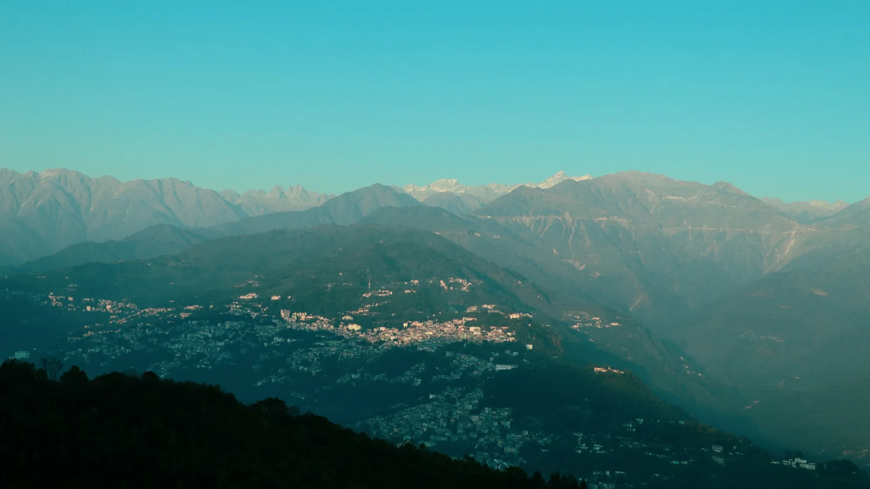 Gangtok and distant Himalayan mountain ridges in Sikkim