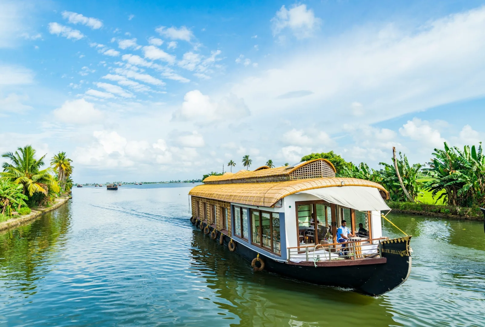 Traditional houseboat cruising the palm-lined Kerala backwaters
